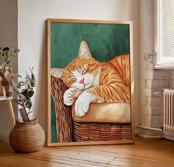 Sleeping Orange Tabby Cat on Wicker Basket Cozy Green Poster