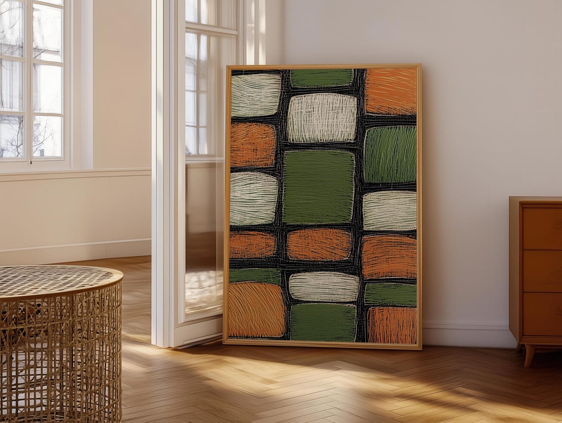 Retro Geometric Grid Sage Green Cream Rust 1970s Style Poster - Image 6