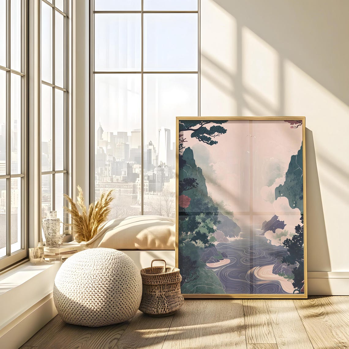Misty Japanese River Valley with Waterfall Landscape Painting Poster - Image 3