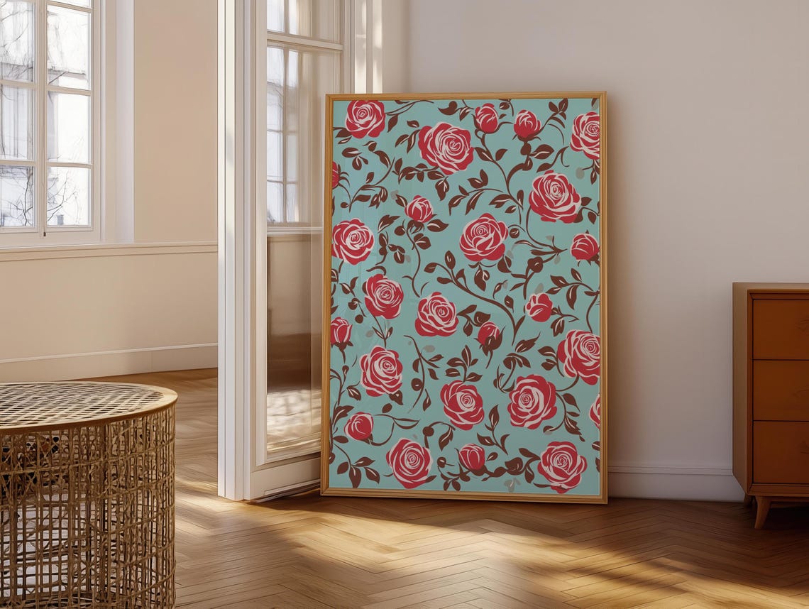 Chinoiserie Teal Background Crimson Rose Vine Pattern Poster - Image 6