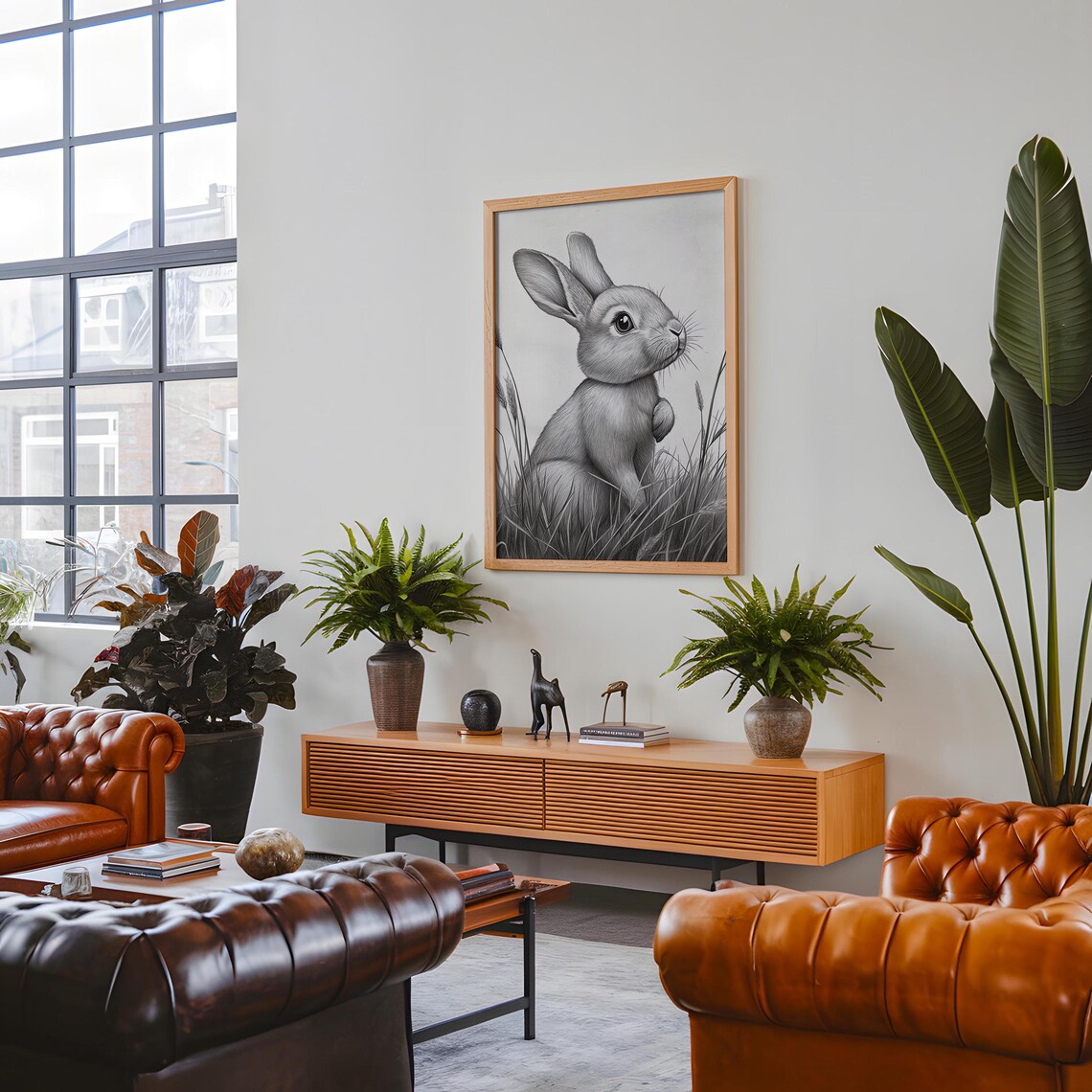 Sitting Bunny Looking Up Pencil Drawing Delicate Monochrome Rabbit Sketch Art Poster - Image 5
