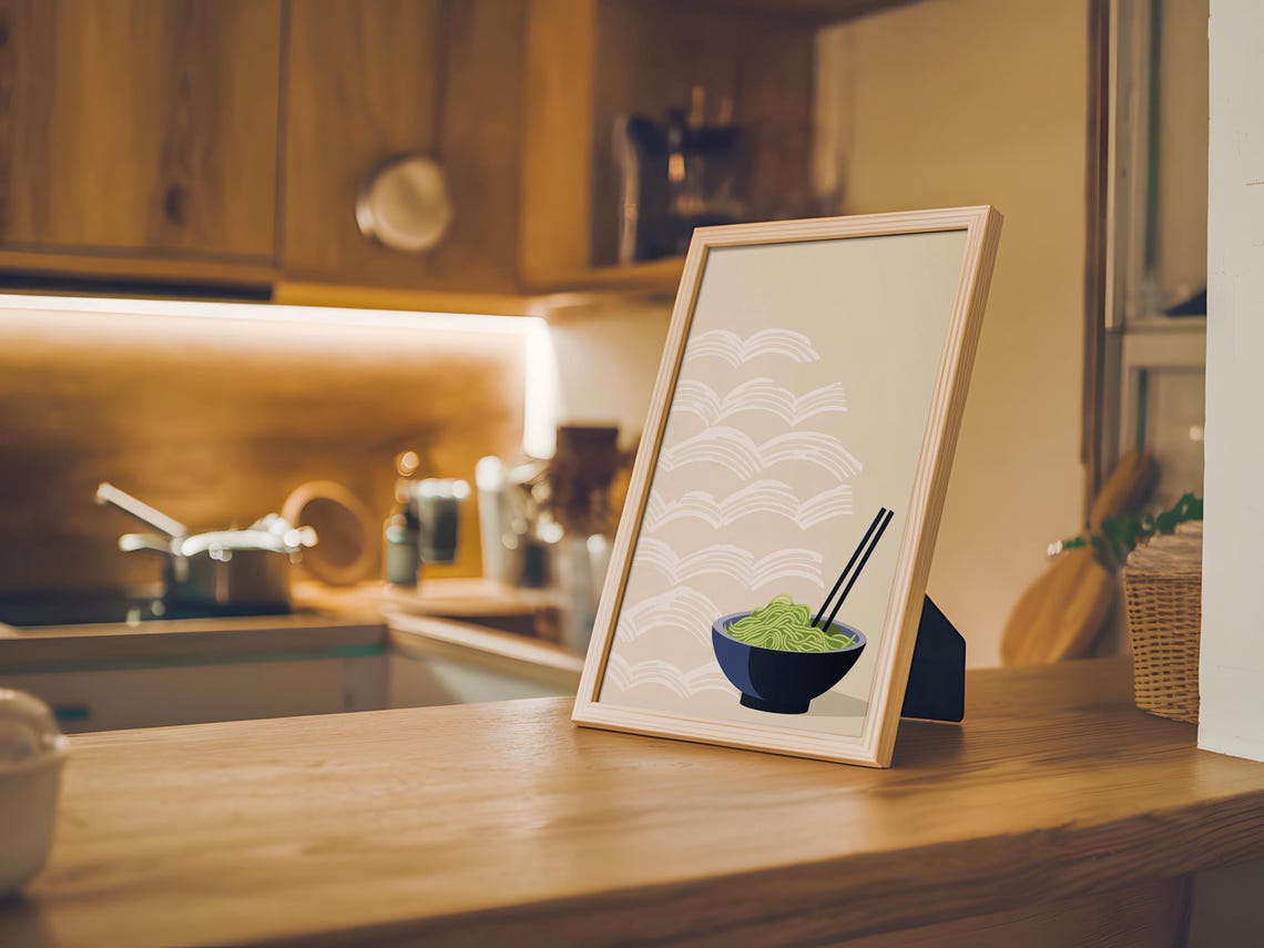 Green Noodle Bowl with Chopsticks on Seigaiha Wave Japandi Poster - Image 5