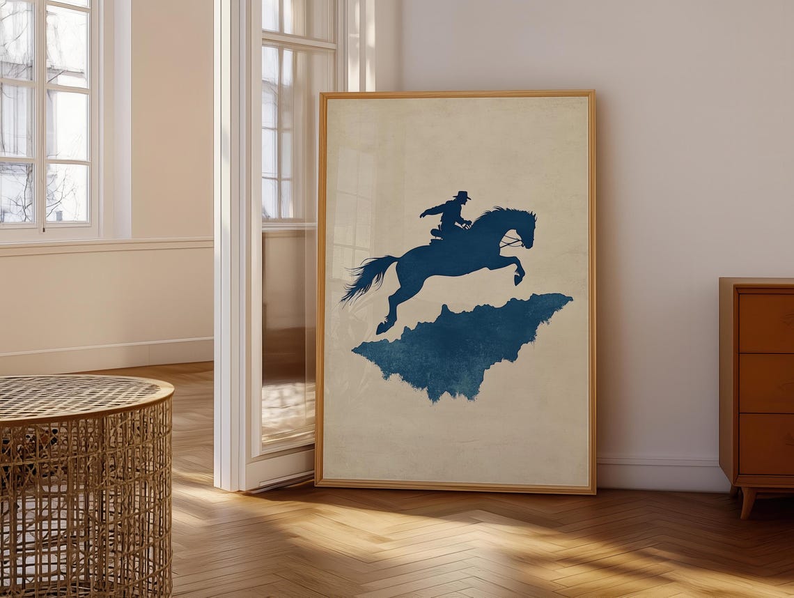 Navy Blue Cowboy on Leaping Horse Minimalist Silhouette Poster - Image 6