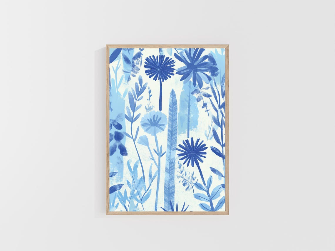 Tall Cobalt Daisy Stems Feathery Leaves Blue White Botanical Poster - Image 6