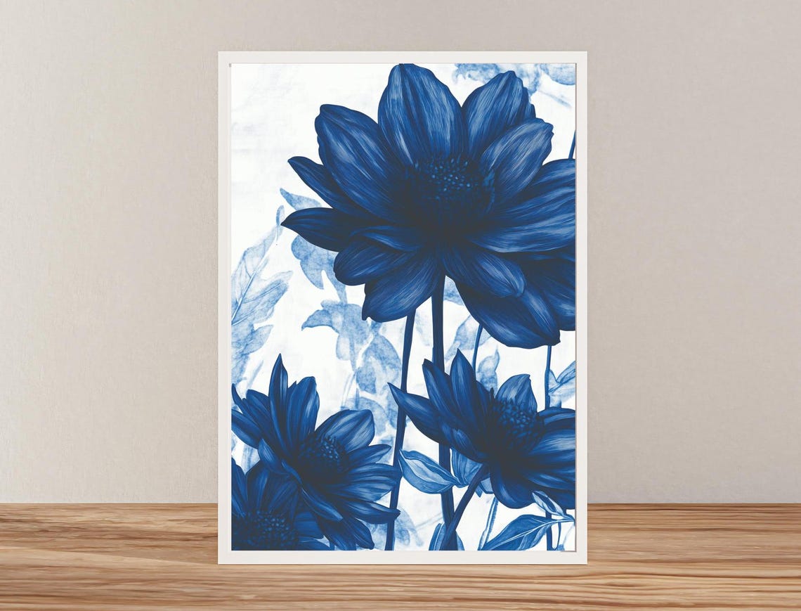 Large Cobalt Blue Flower Bloom Pair Botanical Watercolor Art Poster