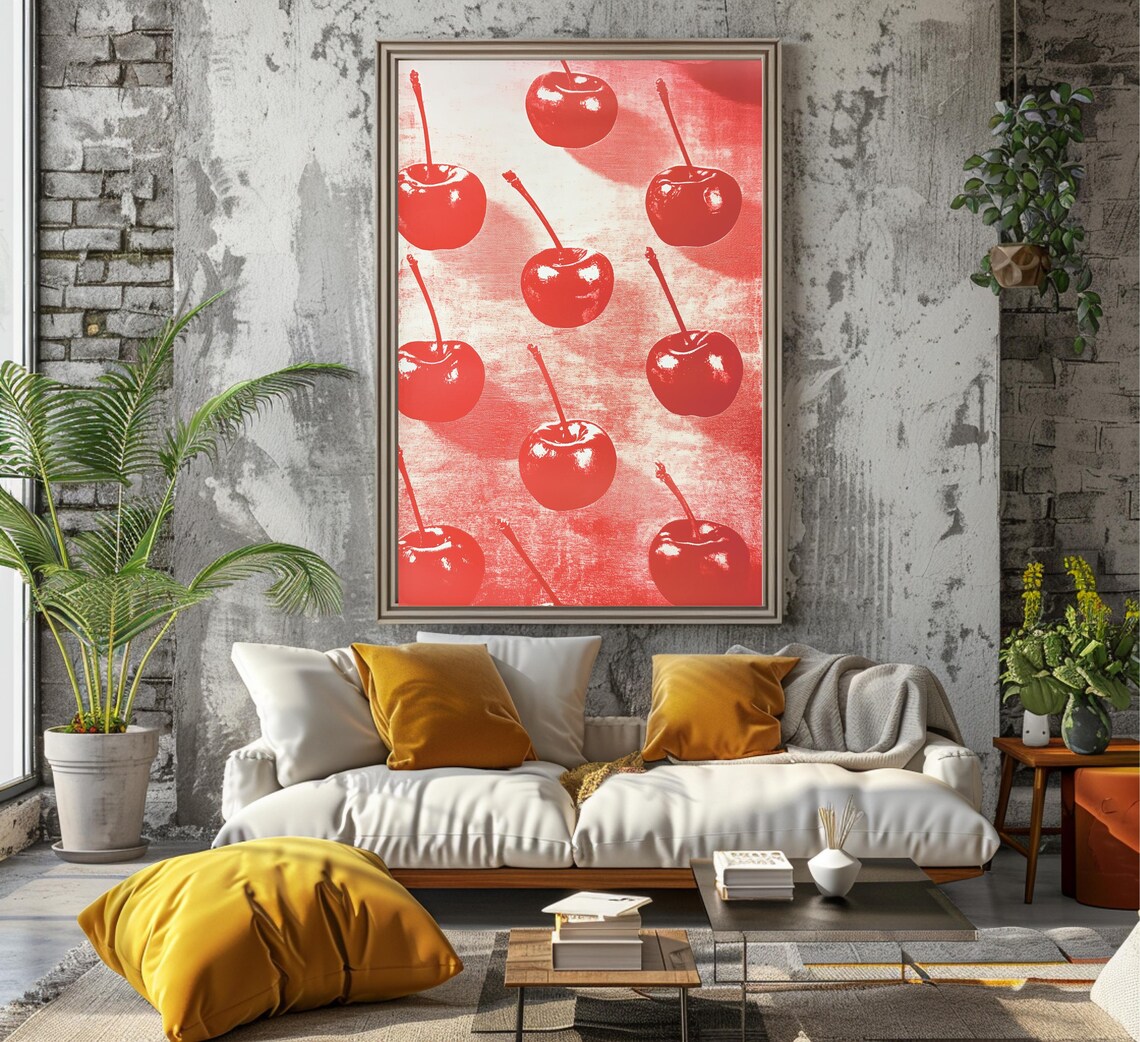 Cherry Print Rows Of Red Cherries On Red Artwork Bright Red Artwork For The Kitchen Colorful Art - Image 7