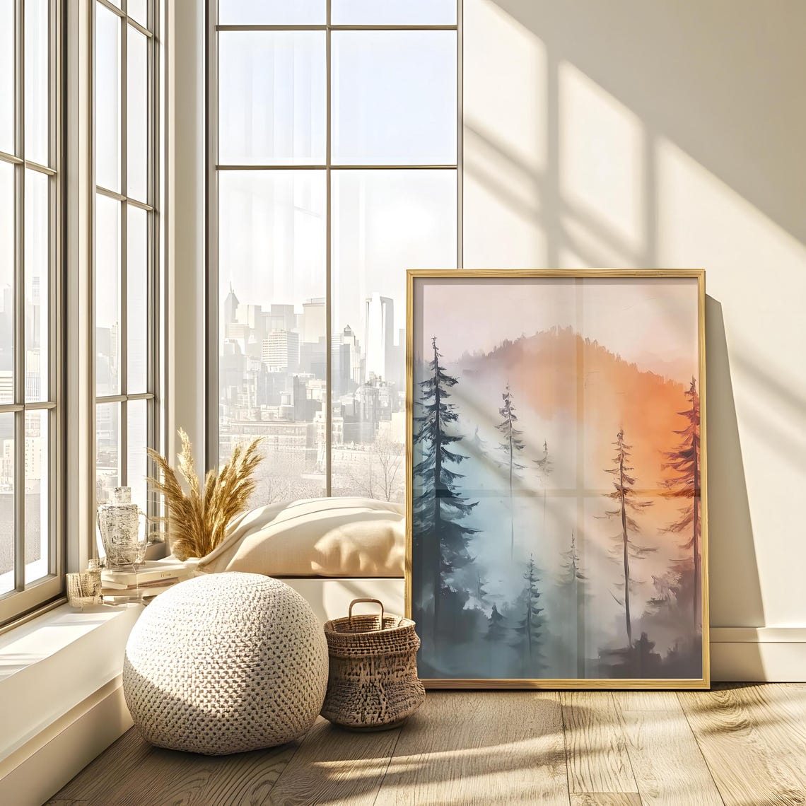 Foggy Mountain Pines Beneath an Orange Sunset Glow Painting Poster - Image 2