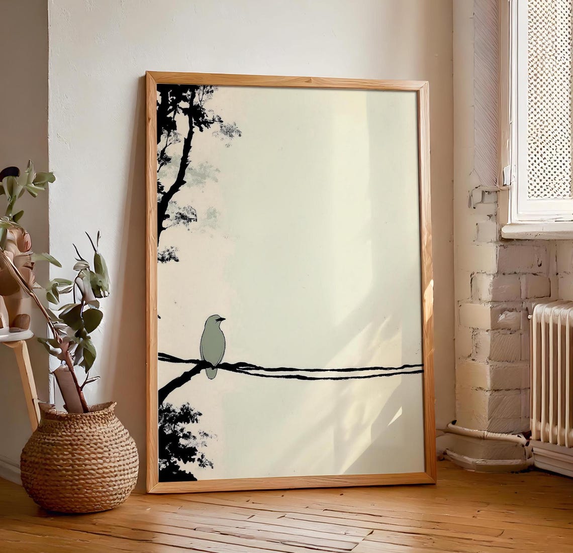 Sage Green Bird On Long Branch With Ink Tree Silhouette Poster