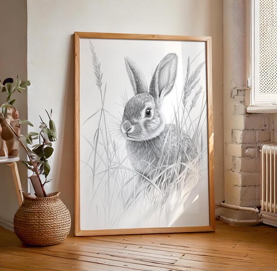 Pencil Sketch Bunny Front View In Wild Grasses Fine Line Graphite Drawing Art Poster