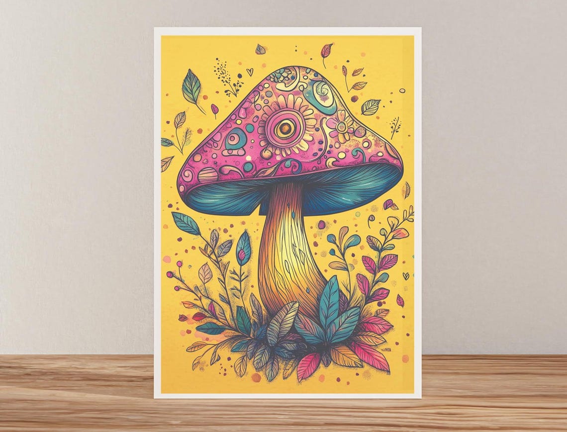 Pink Floral Mushroom With Botanical Leaves Yellow Art Poster