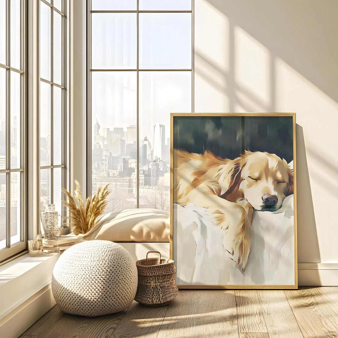 Golden Retriever Napping on White Blanket Soft Painterly Dog Poster - Image 2