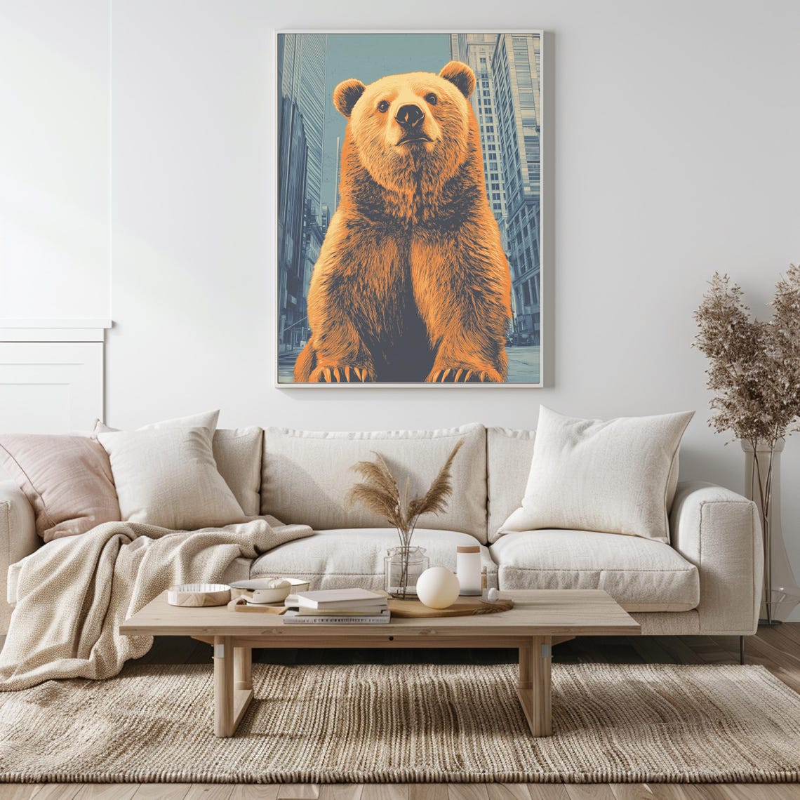 Giant Brown Bear Sitting Calmly Among City Skyscrapers Art Poster - Image 5