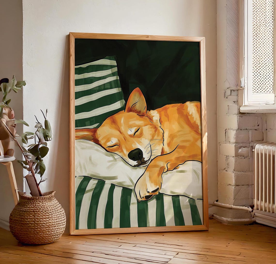 Sleeping Shiba Inu Puppy on Green Striped Pillow Cute Dog Poster