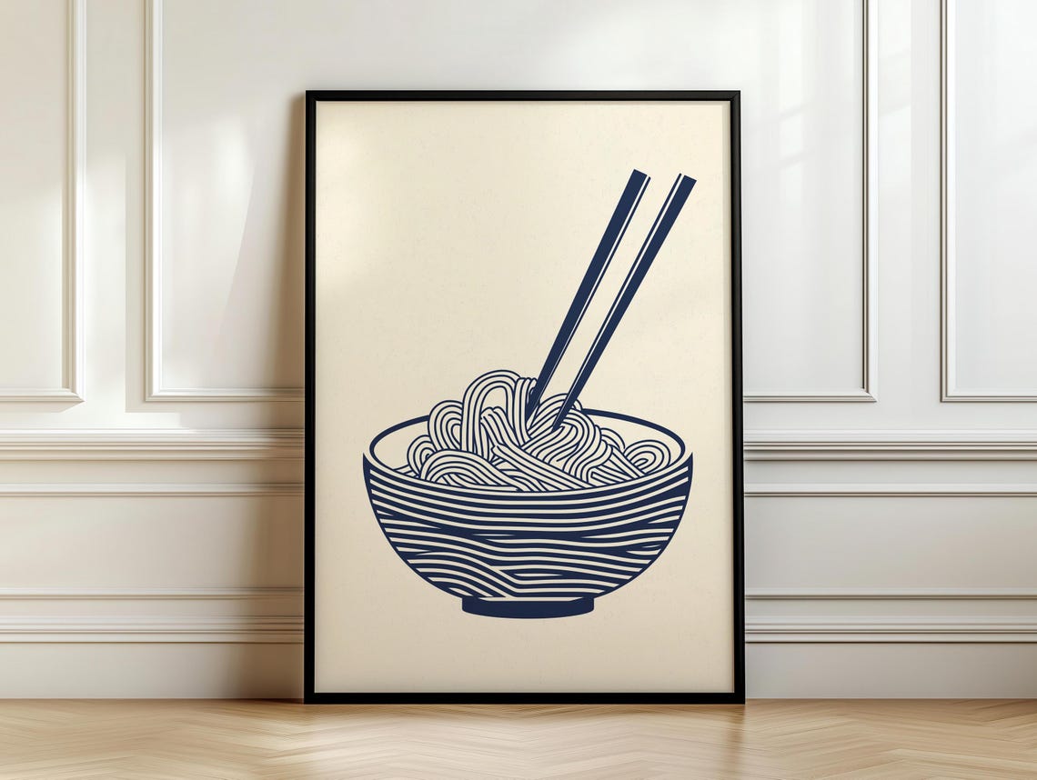 Minimalist Navy Ramen Bowl Line Art Illustration on Cream Poster - Image 5