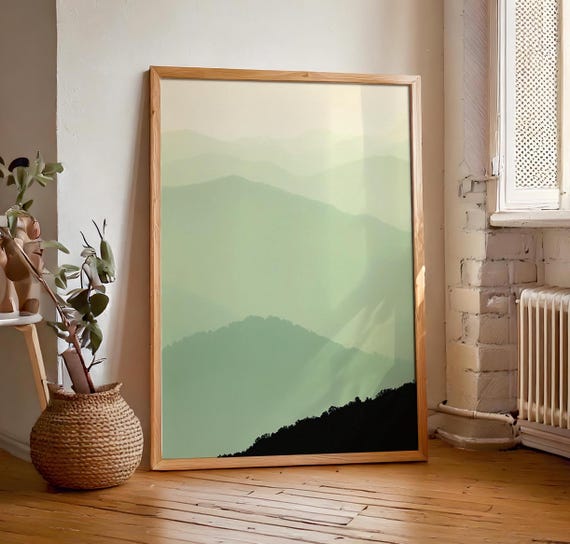 Sage Green Mountain Wall Art Sage Green Lime Cream Art Minimalist Peaceful Foggy Calming Scenery