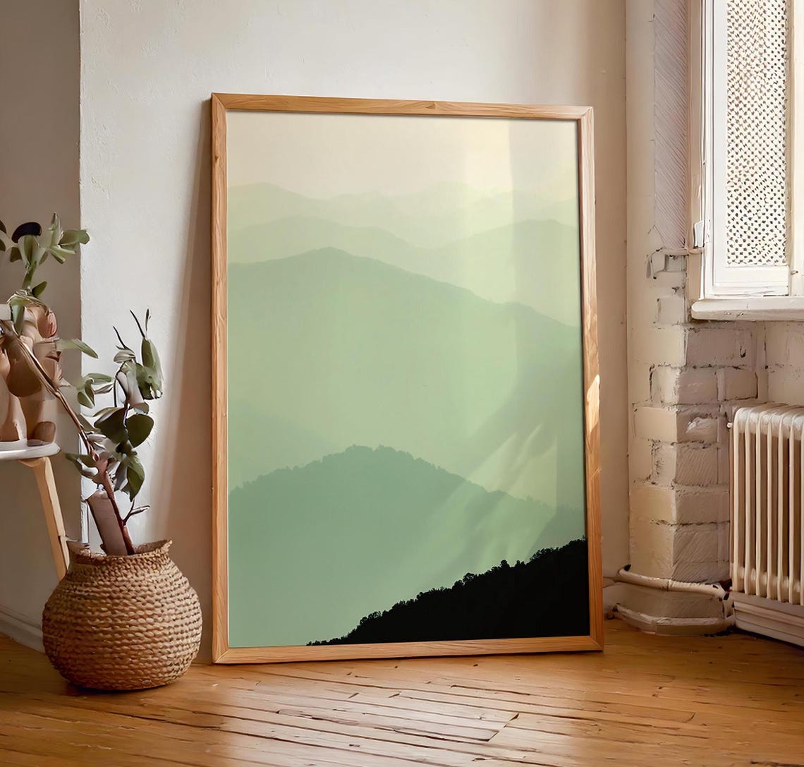 Sage Green Mountain Wall Art Sage Green Lime Cream Art Minimalist Peaceful Foggy Calming Scenery