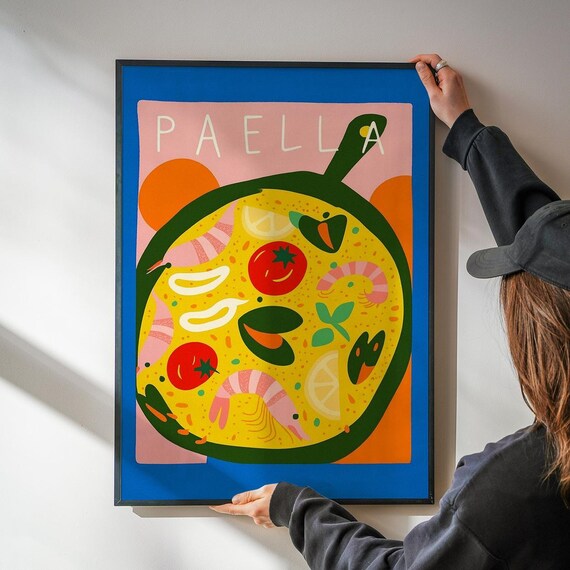 Paella Seafood Pan Illustration for a Modern Kitchen Art Print Decor
