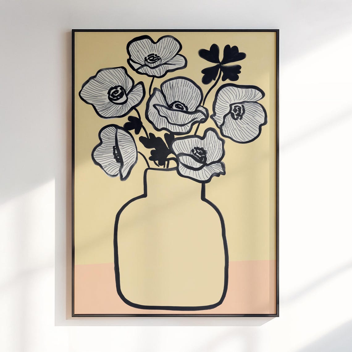 Black and White Poppies Line Art Vase Modern Minimal Floral Poster