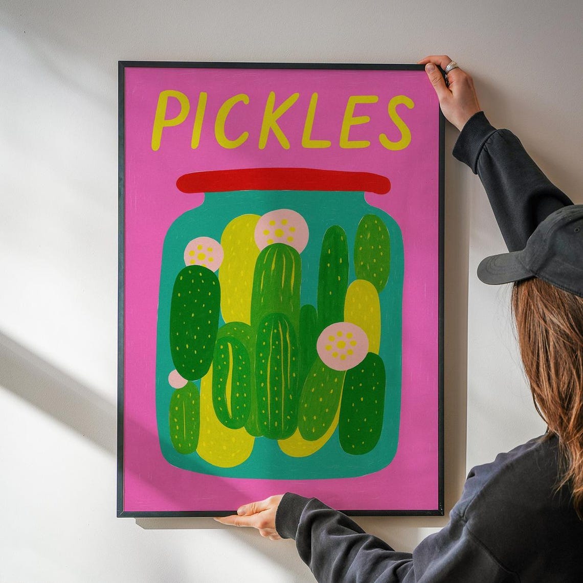 Pickles Jar Retro Kitchen Typography Art Print in Bright Pink