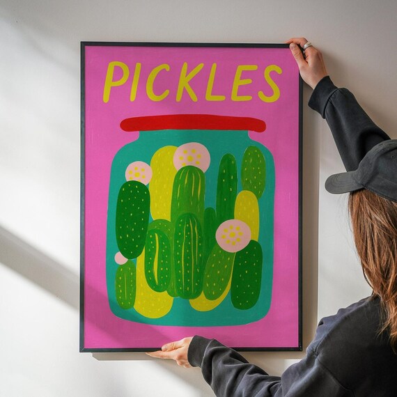 Pickles Jar Retro Kitchen Typography Art Print in Bright Pink