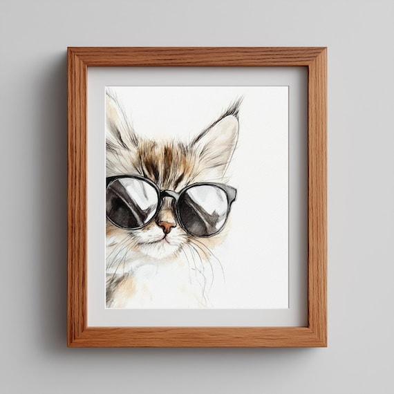 Hipster Cat Wall Art Funny In Sunglasses Illustration Cool Pet Lover Decor Whimsical Kitty 235