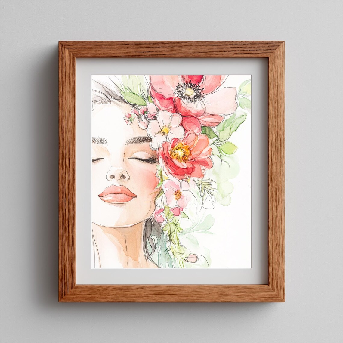 Floral Woman Boho Art Print, Romantic Botanical Face