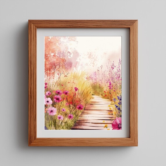 Cottage Garden Path Art Print, Rustic Summer Meadow