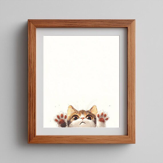 Cute Cat Peeking Wall Art Minimalist Pet Illustration White Watercolor Painting Cozy Home Decor Animal Print 16