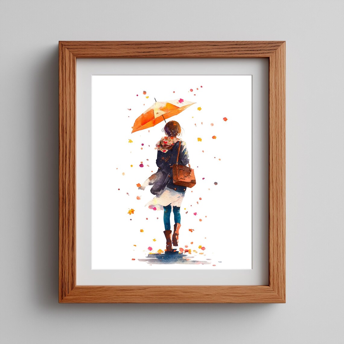 Umbrella Girl Art Print, Moody Fall Walk