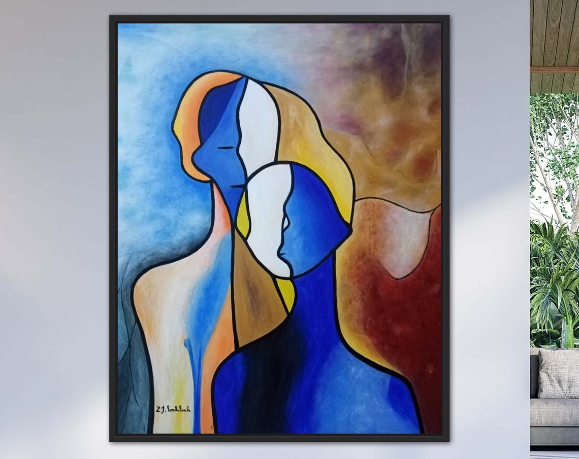 Modern Blue and Gold Two Profile Bust Abstract Portrait Poster