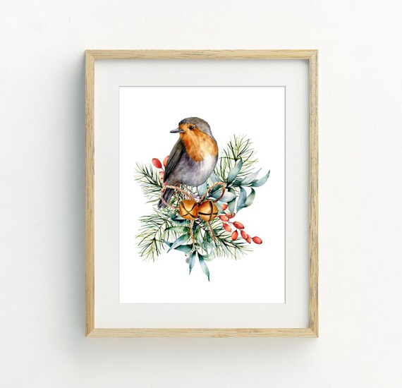 Christmas Robin Art Print, Holiday Wall Decor