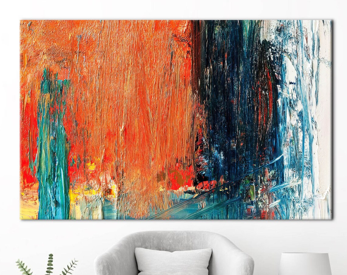 Vibrant Orange And Teal Abstract Oil Painting Modern Wall Art