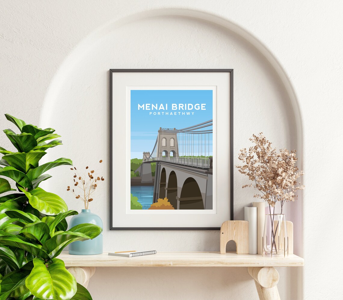 Menai Bridge Travel Poster, Anglesey Wales Landscape