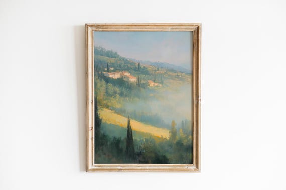 Rustic Countryside With Sunlit Valley Moody Landscape Art Cottage Dotted Hills Foggy Serenity Instant 830