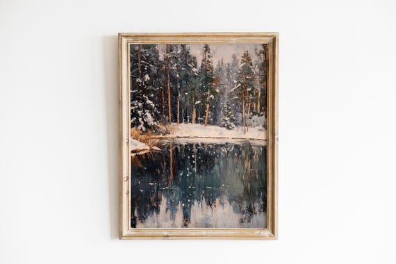 Moody Winter Lakescape Serene Reflection Rustic Pine Trees Snowy Shoreline Neutral Palette Decor Art 756