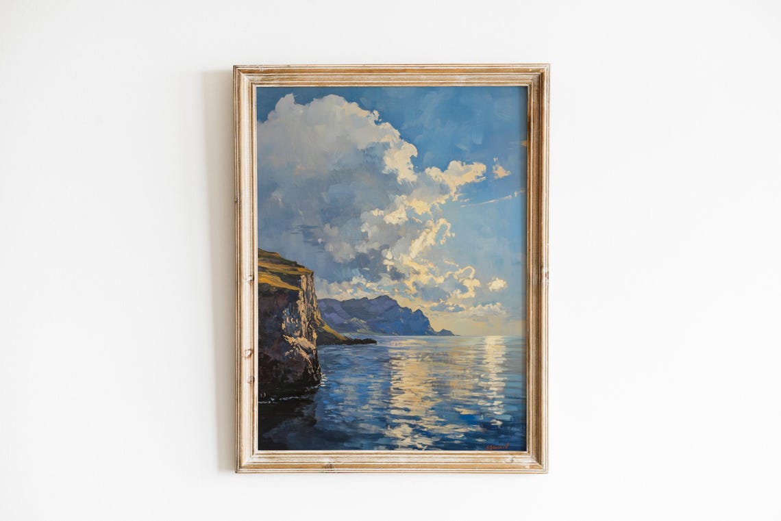 Sunlit Coastal Cliffs Dramatic Seascape Oil Painting Wall Art