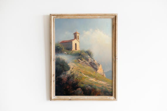 Moody Chapel On Misty Hill Vintage Landscape Painting Romantic Foggy Scene Classic Art Decor Print Wall 375