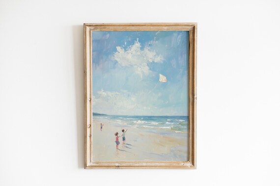 Children Flying Kite on Beach Vintage Seaside Impressionist Painting Print