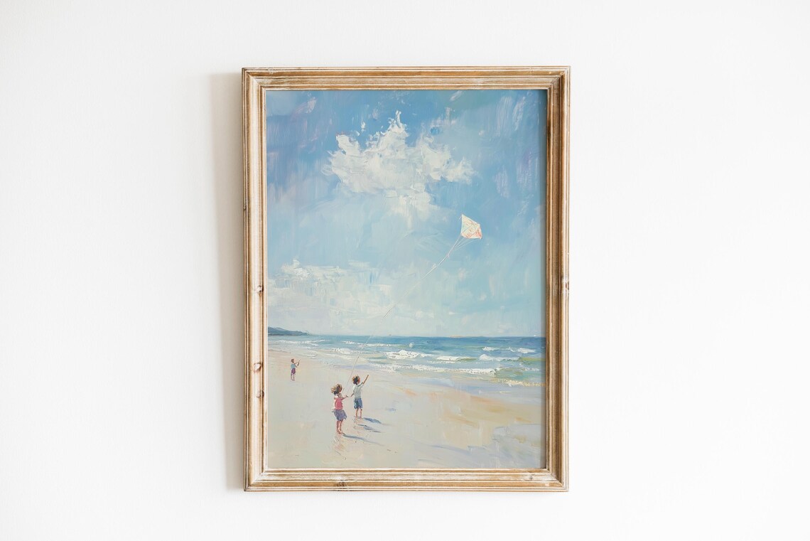 Children Flying Kite on Beach Vintage Seaside Impressionist Painting Print