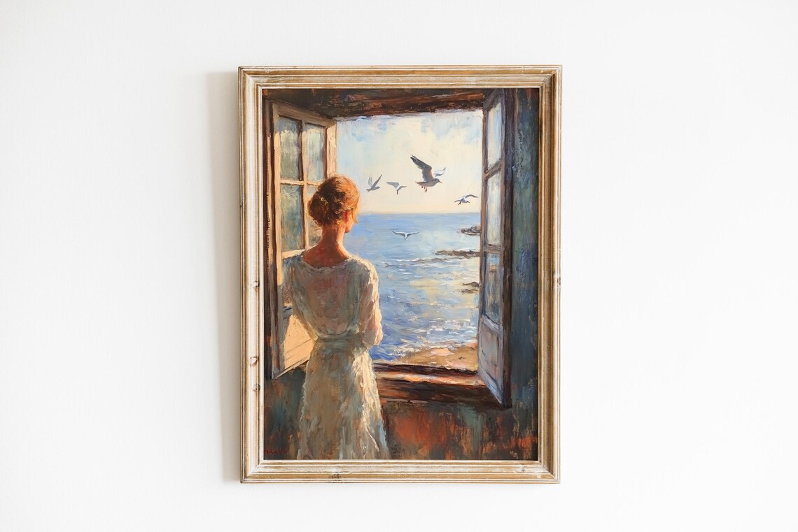 Woman at Window Gazing at Sea Seagulls Coastal Impressionist Poster