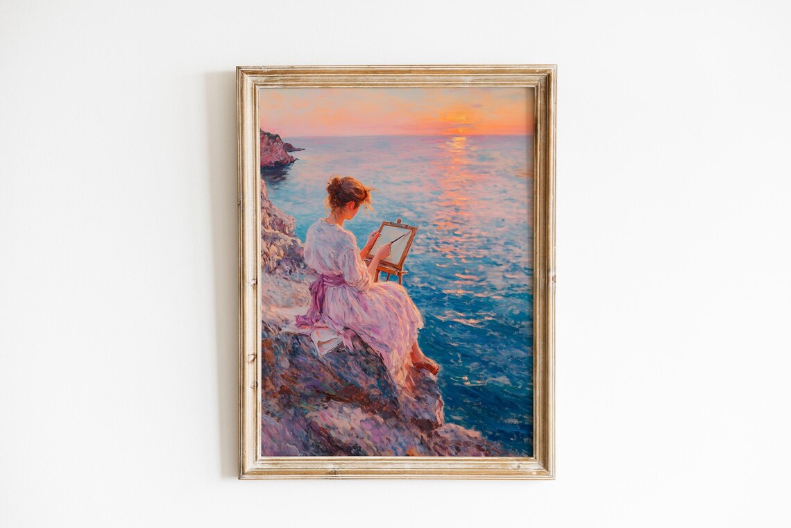 Woman Artist Painting Ocean Sunset From Rocky Cliffside Poster