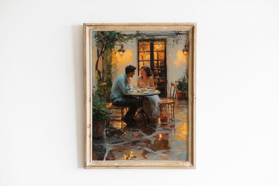 Romantic Caf Scene Wall Art Moody Vintage Painting Cozy Couple In Rain Lantern Light Glow Decor 1012