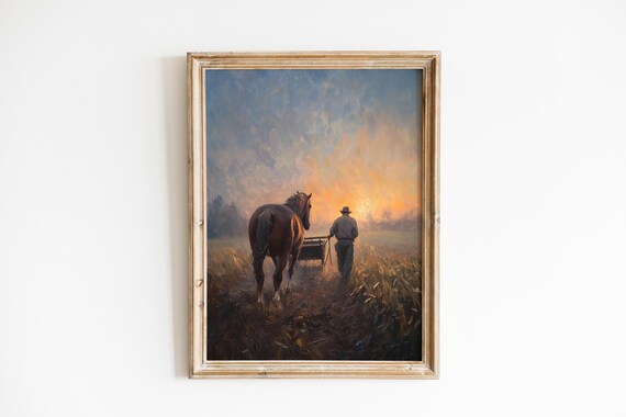 Moody Farm Landscape Painting Rustic Farmer In Misty Field Vintage Farmhouse Wall Art Pastoral Scene 1053