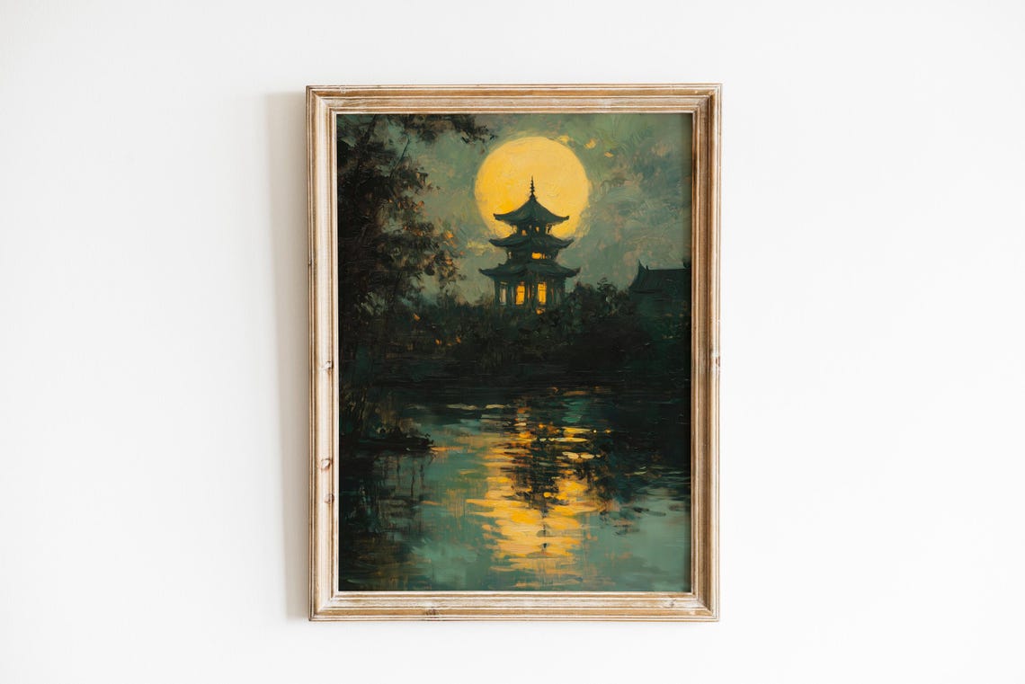 Moonlit Pagoda Night Lake Reflection Vintage Asian Landscape Poster