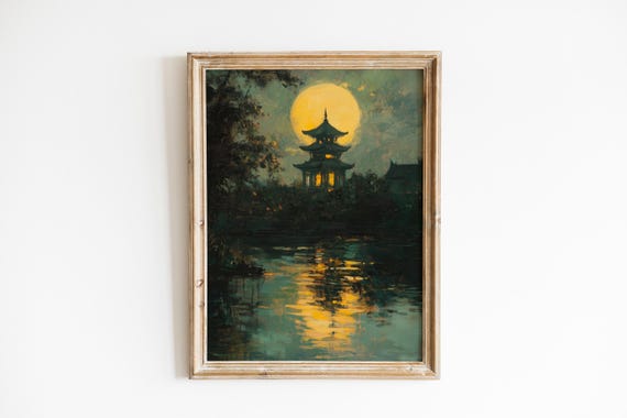 Moody Pagoda Night Print Vintage Wall Art Tranquil Moonlit Reflection Scene Calm Water Silhouette 650
