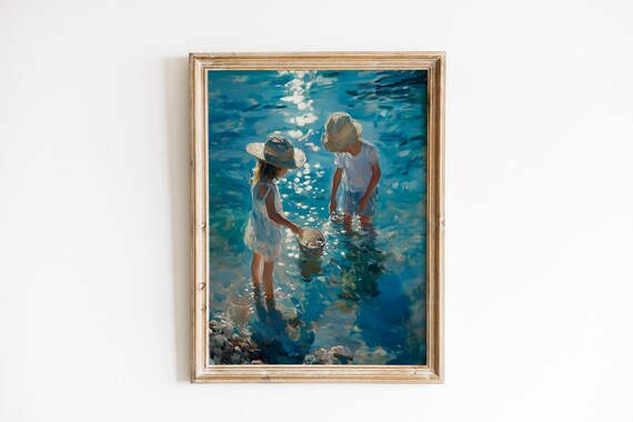 Two Children Collecting Seashells Sparkling Shoreline Summer Day Poster