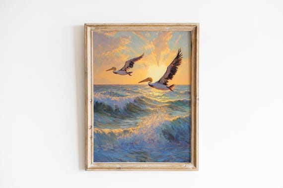 Coastal Pelican Dance Over Shimmering Waves Vintage Nautical Seascape Moody Goldenhour Ocean Scene Serene Beach Art 1239