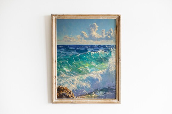 Dramatic Ocean Wave Crashing Bright Turquoise Coastal Painting Poster