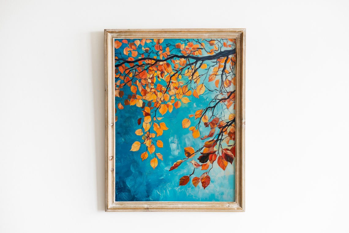 Golden Autumn Leaves Teal Blue Sky Vintage Botanical Art Poster