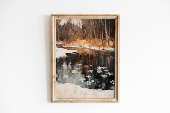 Moody Winter River Scene With Snowflakes Rustic Snowy Landscape Serene Reflective Waters Wall Art 775